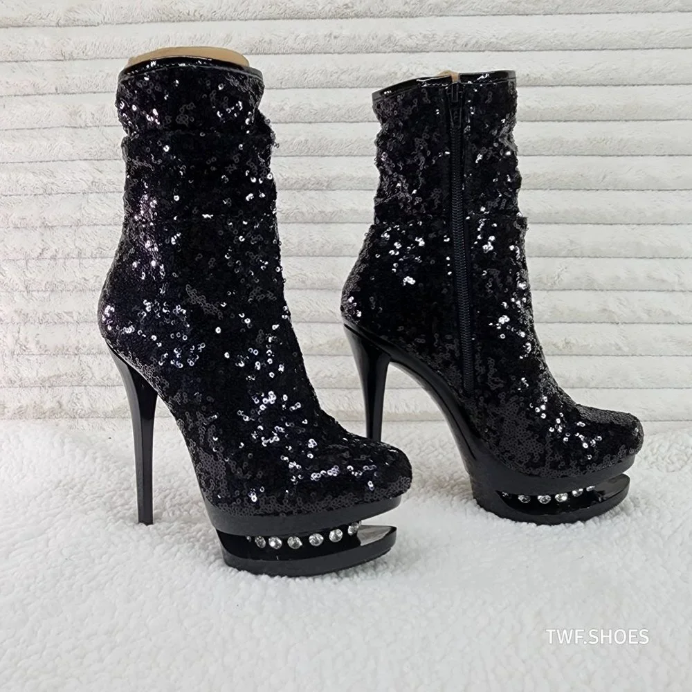 Pleaser Sexy Black Sequin High Heel Slouch Ankle Boots Blondie 1009 - Picture 7 of 8